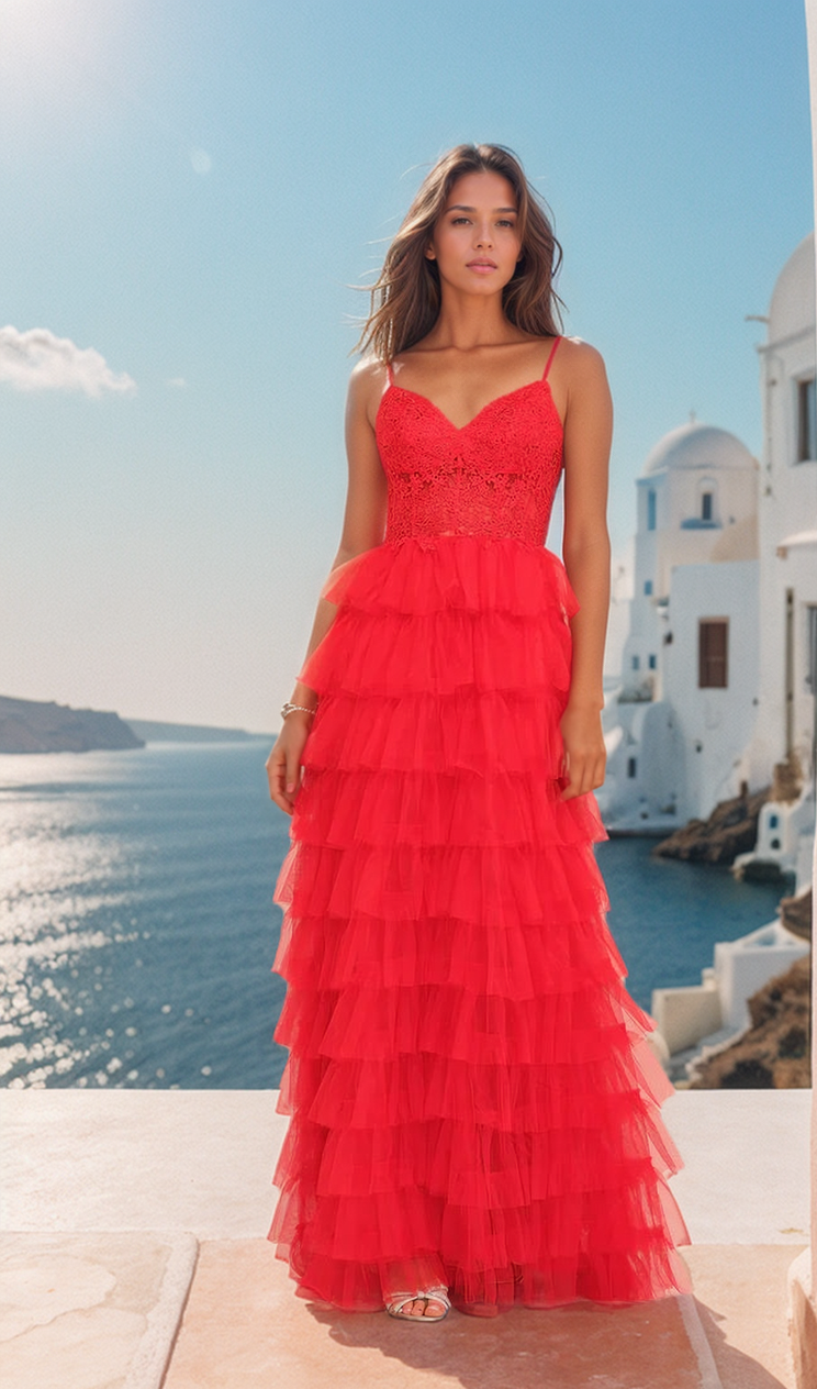 A woman wearing the Dave and Johnny Long Tiered Prom Dress 11148 stands on a sunlit terrace overlooking the sea and white coastal buildings.